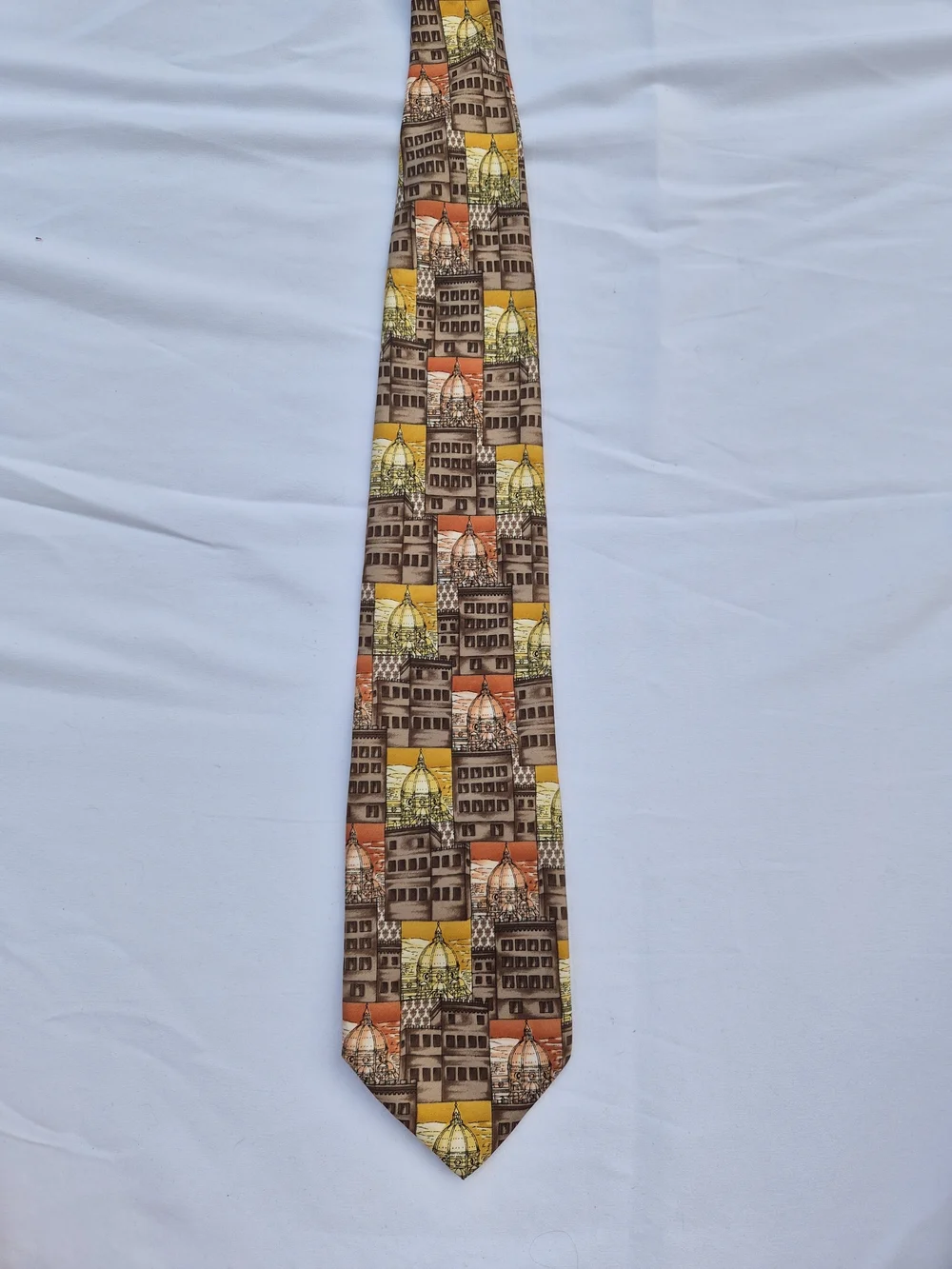 Men's Architectural Print Silk Tie in Brown, Orange & Yellow